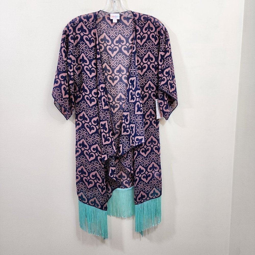 Lularoe NWT Monroe kimono coverup with‎ Aqua fringe hemline woman's size S